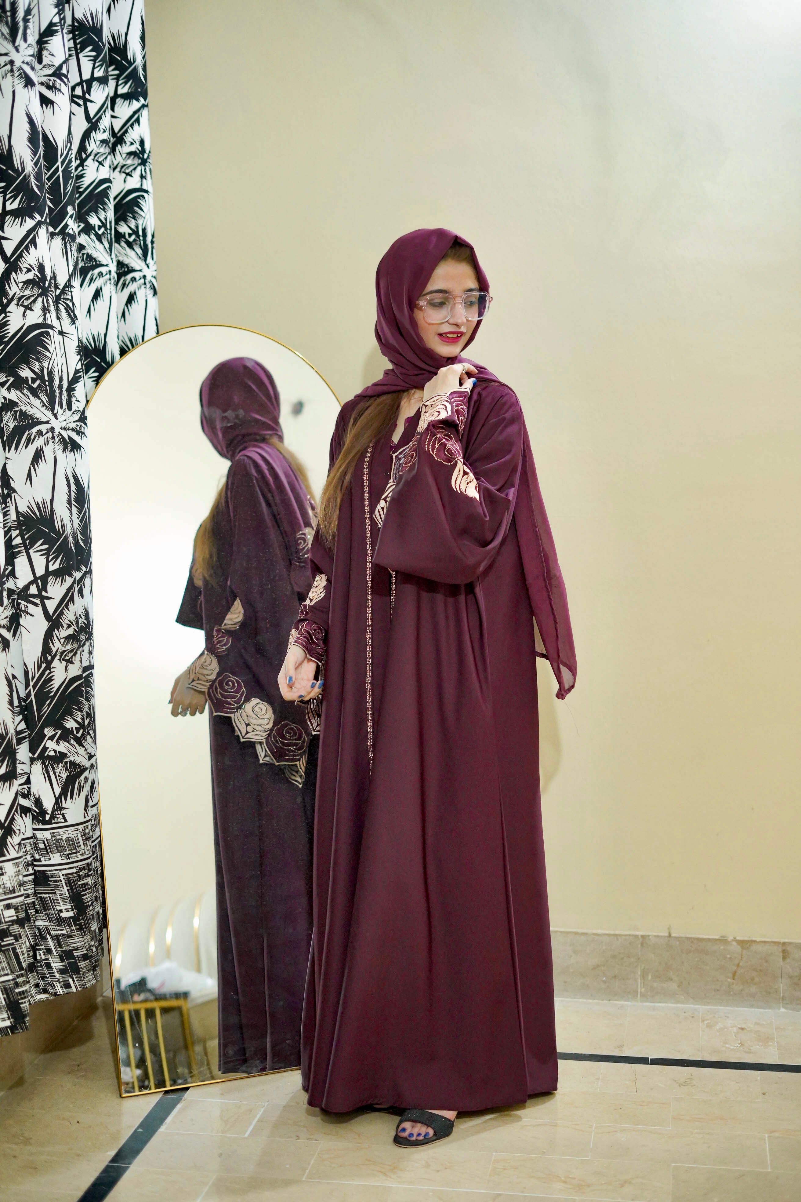 Fancy Embroidery Colour Full Abaya Causal Look ( Rose Gold )