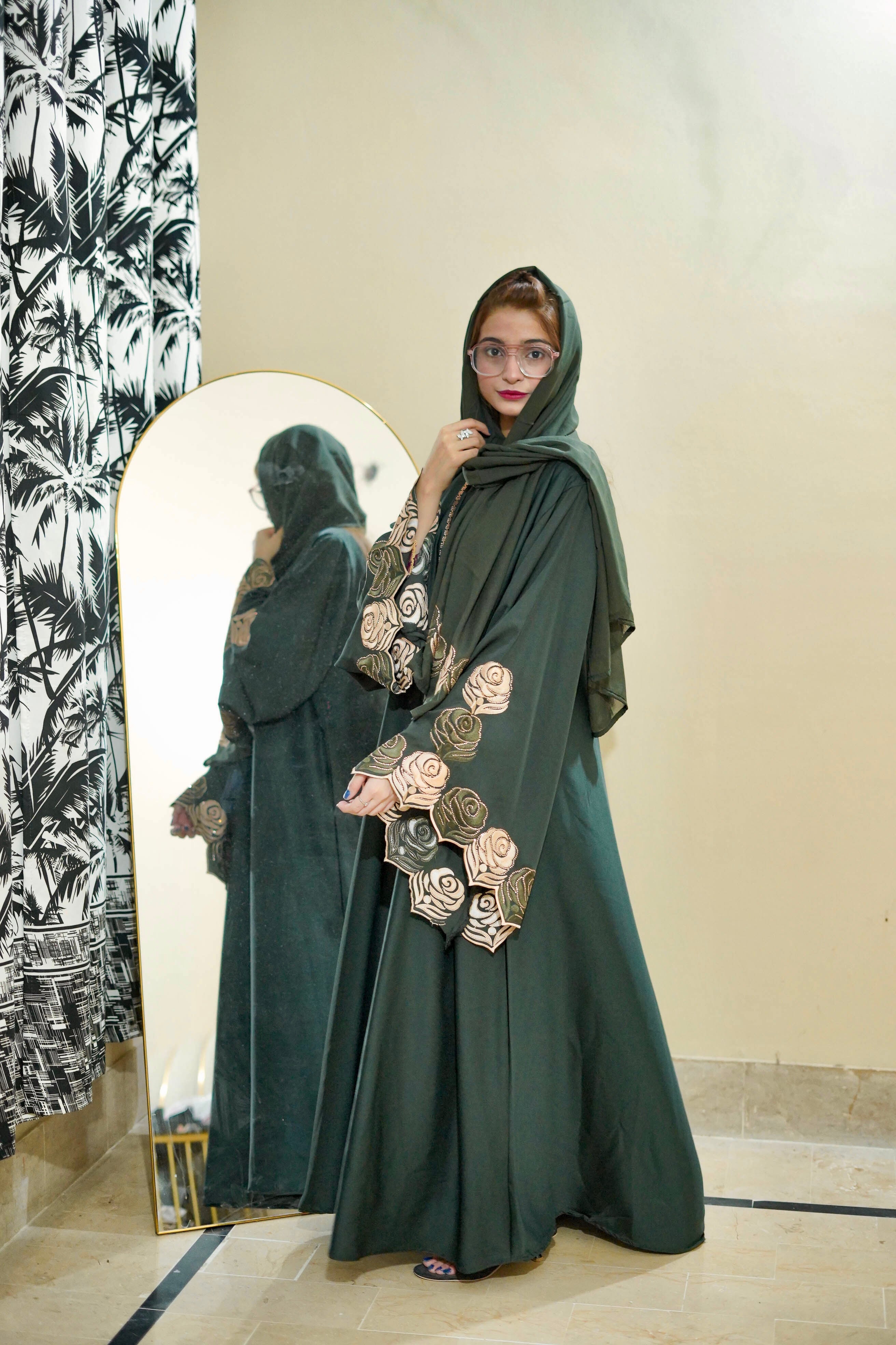 Fancy Embroidery Colour Full Abaya Causal Look ( Botle Green )