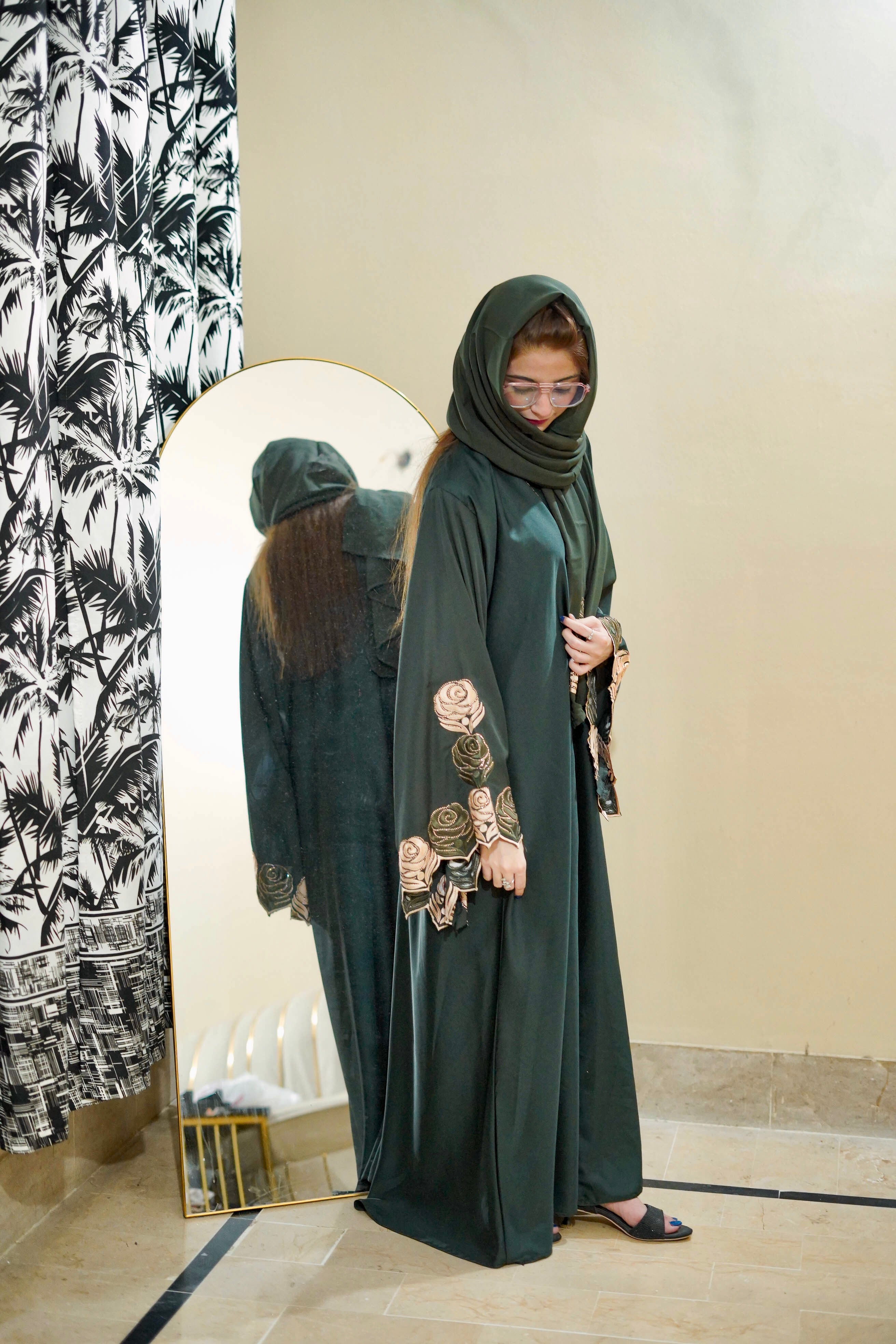 Fancy Embroidery Colour Full Abaya Causal Look ( Botle Green )