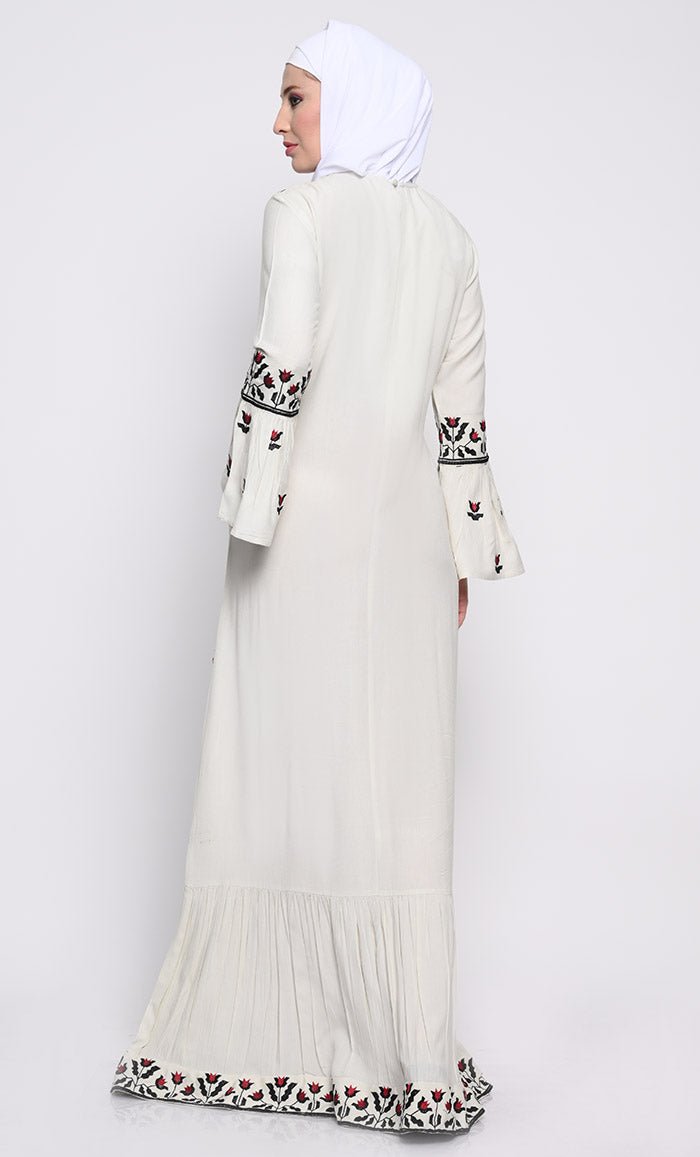 Chic Embroidered A-Line Abaya with Flounce Sleeves and Frilled Hem