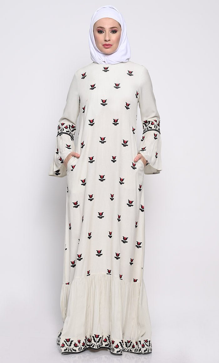 Chic Embroidered A-Line Abaya with Flounce Sleeves and Frilled Hem