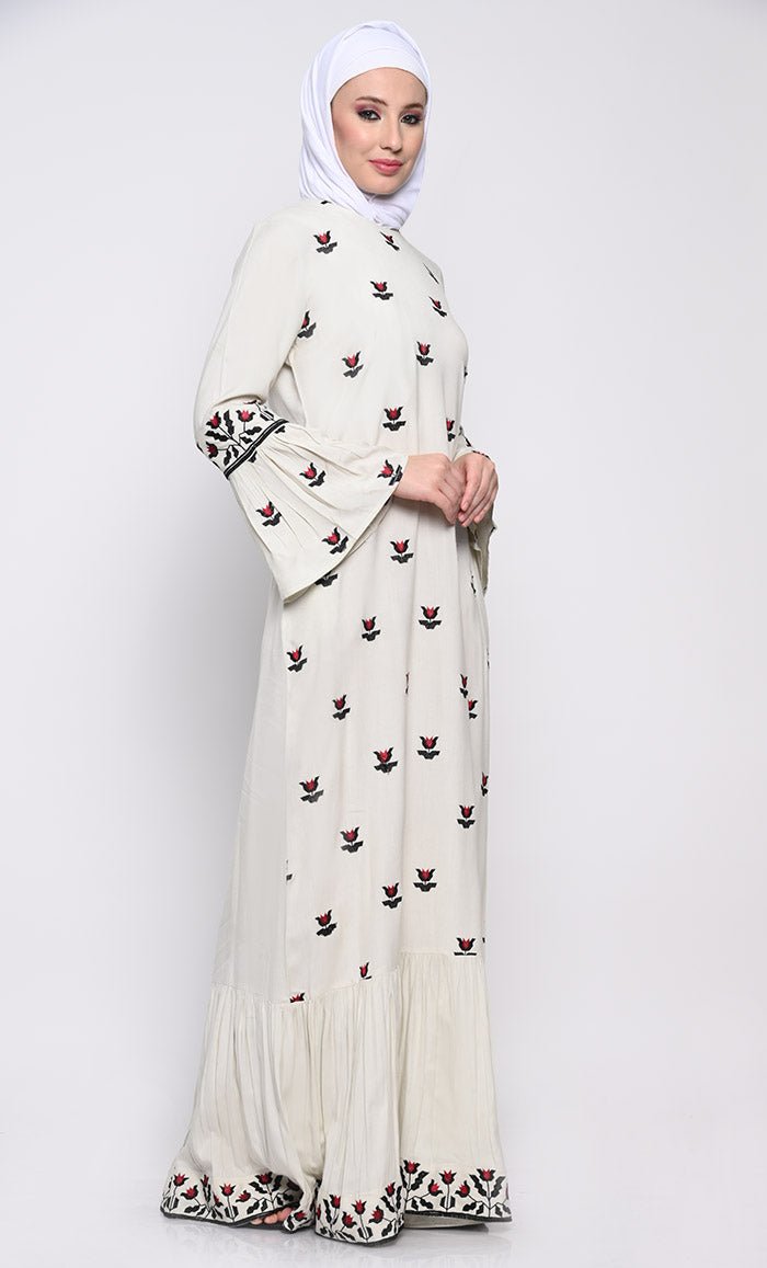 Chic Embroidered A-Line Abaya with Flounce Sleeves and Frilled Hem