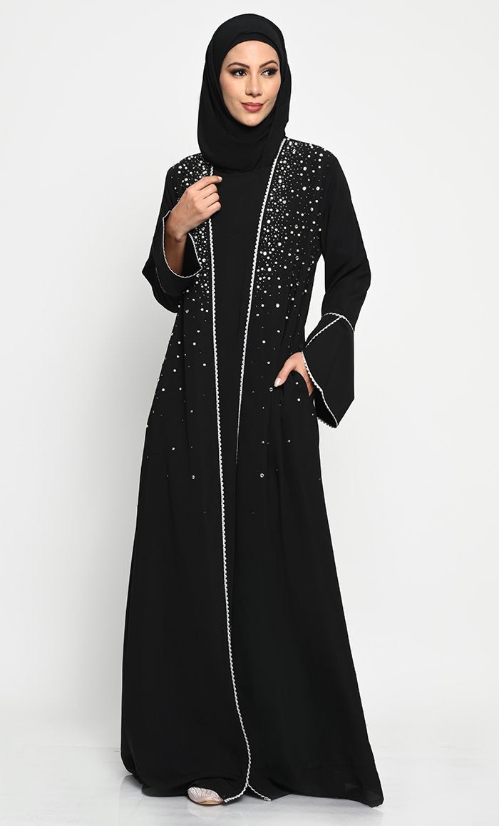 Elegant Nida Fabric Layered Abaya with Pearl, Stone, and Bead Embroidery