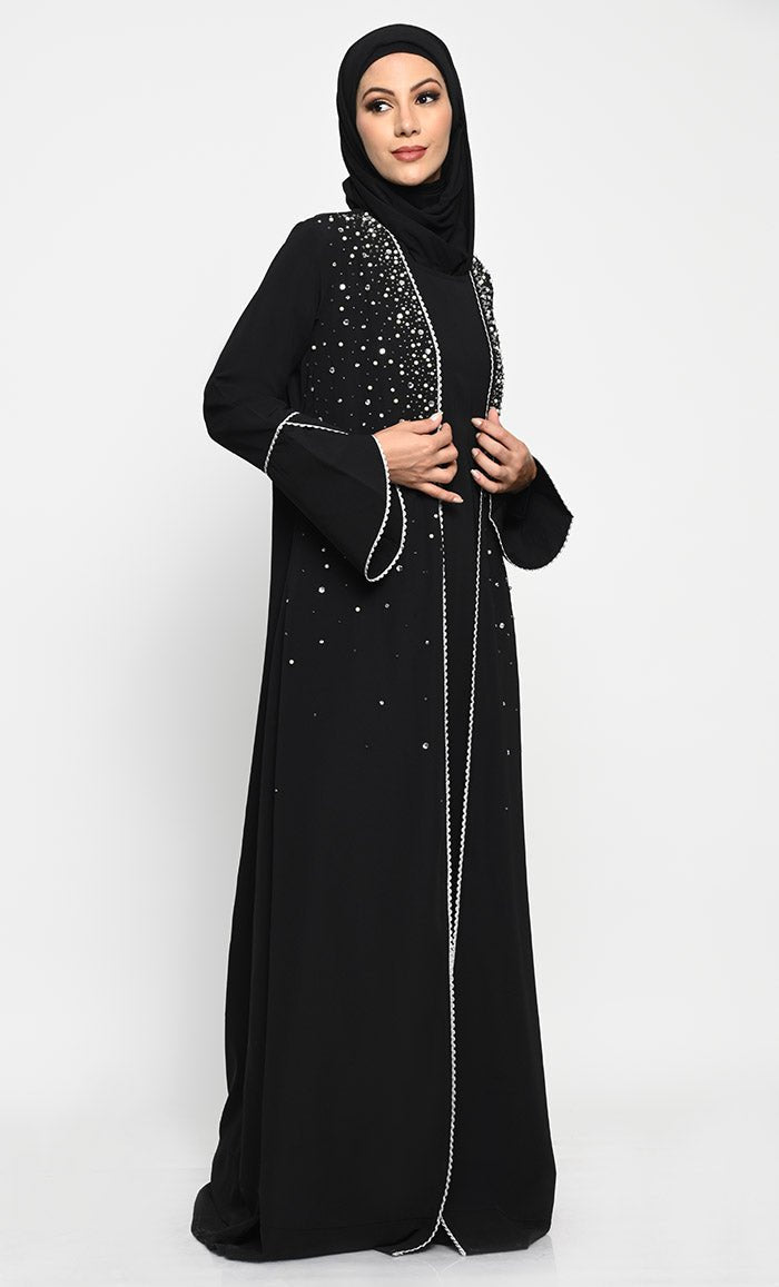 Elegant Nida Fabric Layered Abaya with Pearl, Stone, and Bead Embroidery
