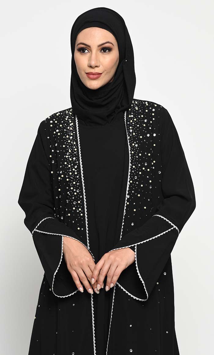 Elegant Nida Fabric Layered Abaya with Pearl, Stone, and Bead Embroidery