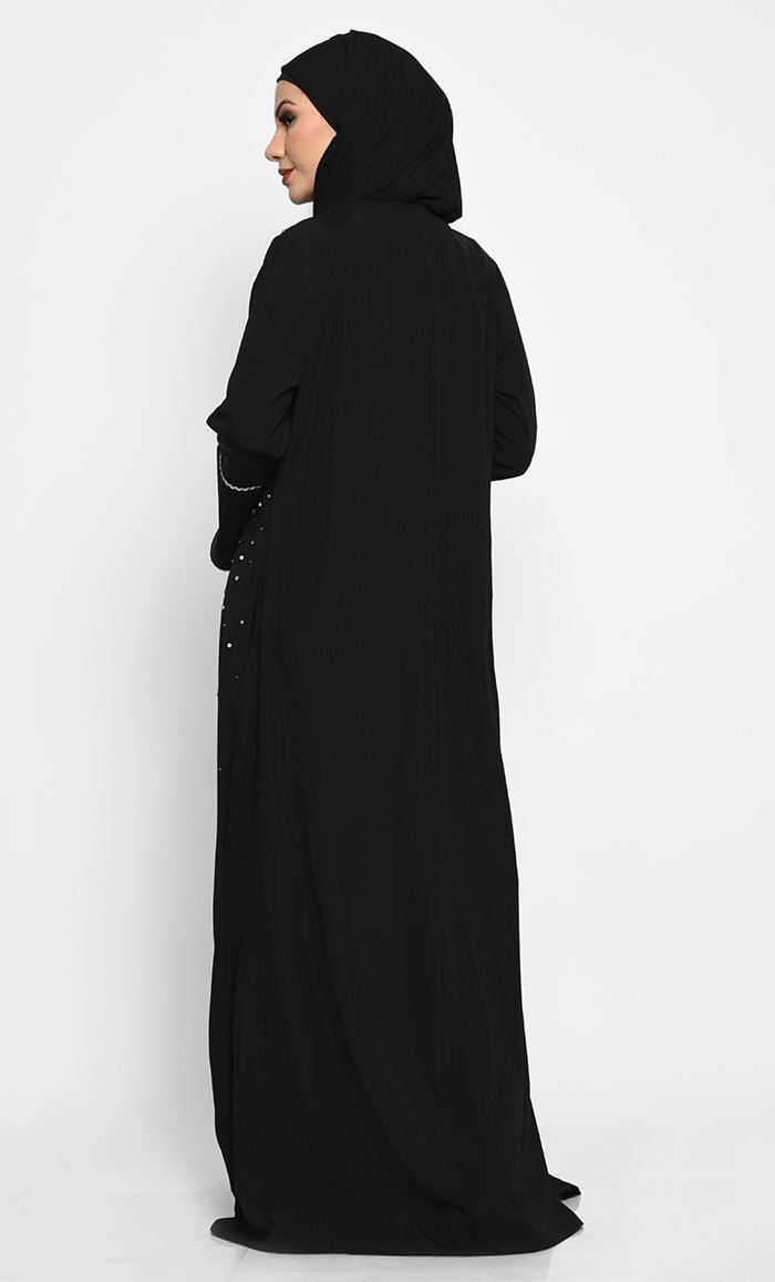 Elegant Nida Fabric Layered Abaya with Pearl, Stone, and Bead Embroidery