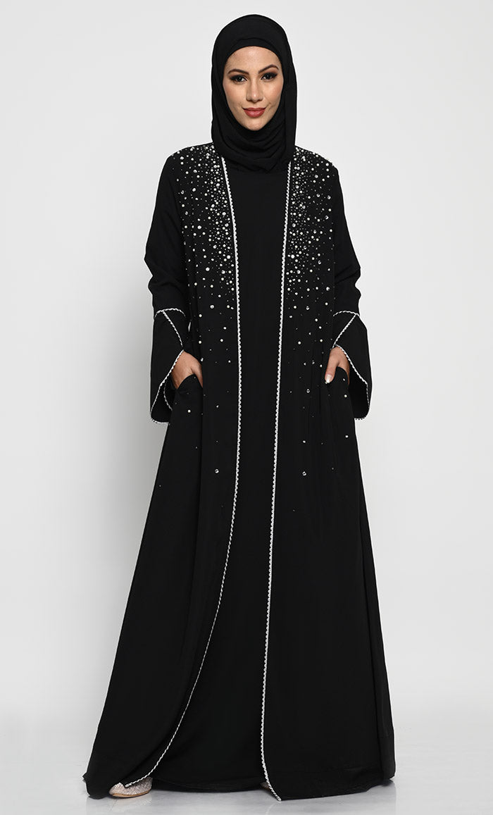 Elegant Nida Fabric Layered Abaya with Pearl, Stone, and Bead Embroidery