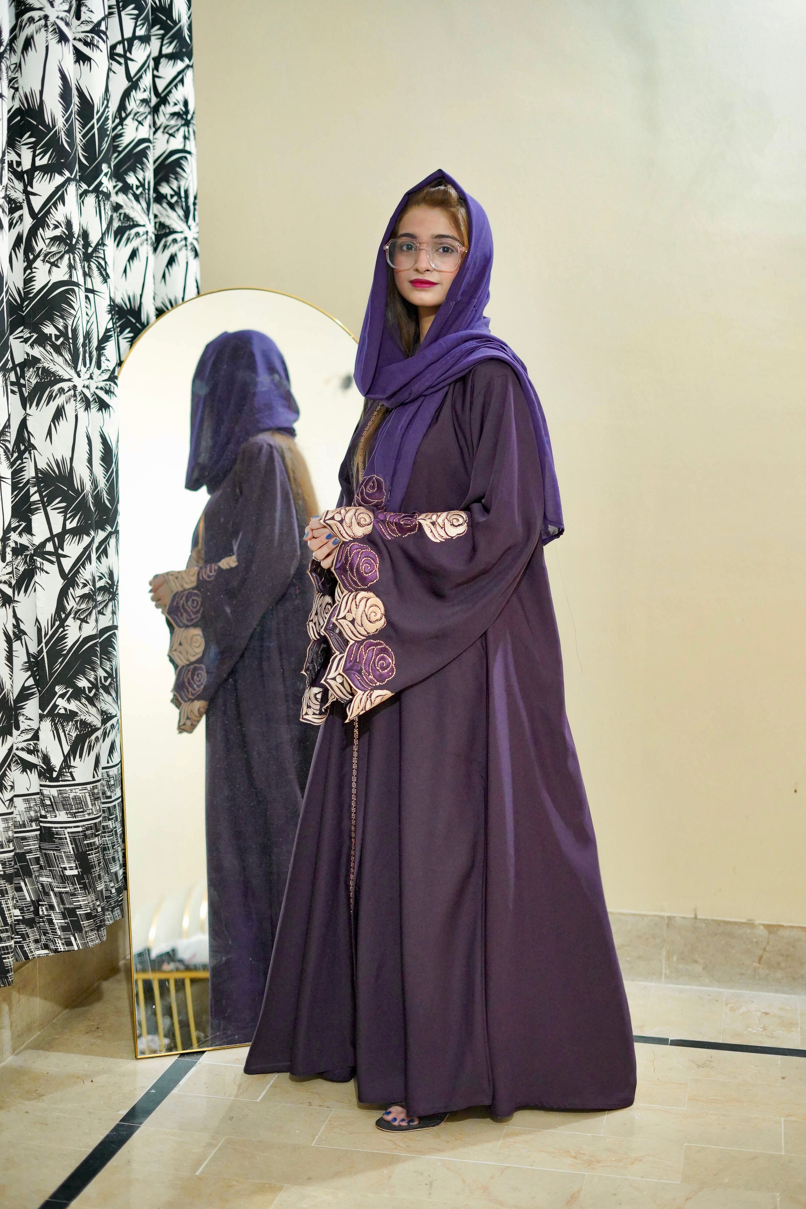 Fancy Embroidery Colour Full Abaya Causal Look ( Purple )
