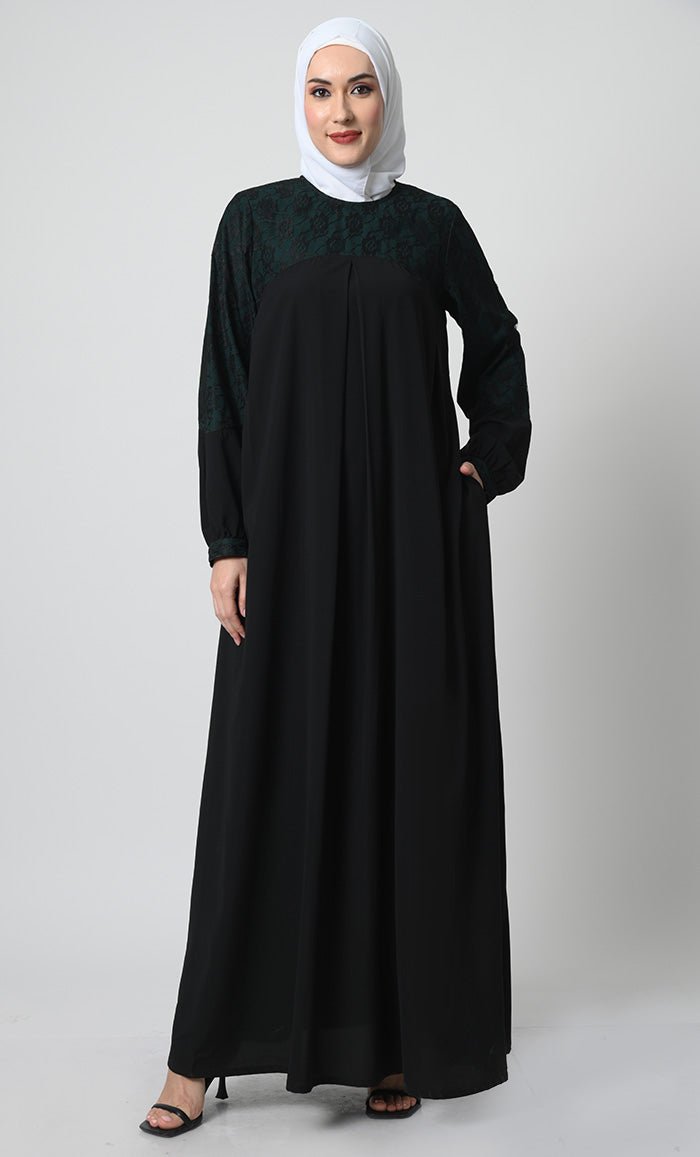 Nida Fabric Abaya – Bishop Sleeves, Pleated Chest Panel with Net Lace Yoke