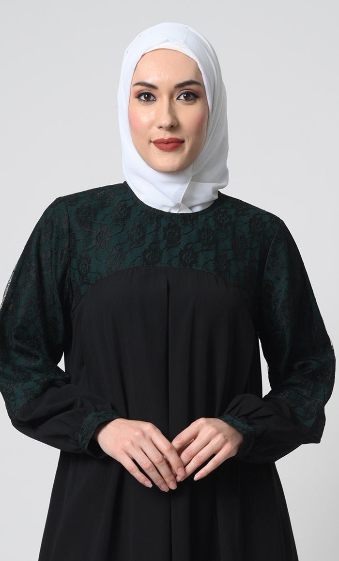 Nida Fabric Abaya – Bishop Sleeves, Pleated Chest Panel with Net Lace Yoke