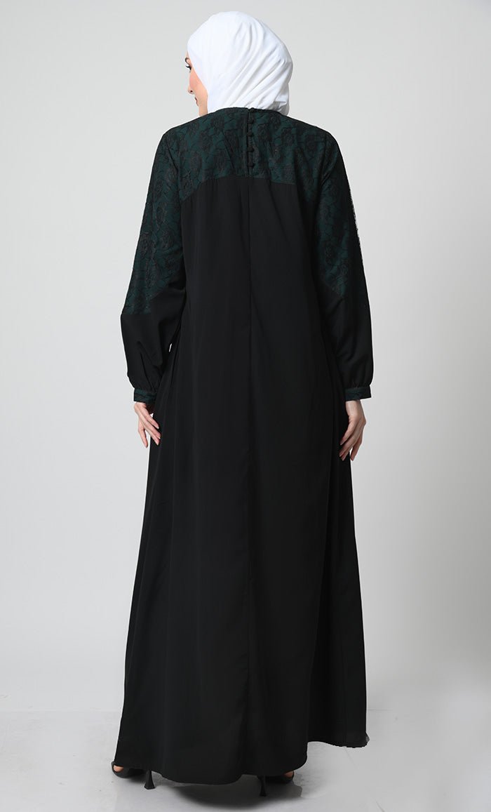 Nida Fabric Abaya – Bishop Sleeves, Pleated Chest Panel with Net Lace Yoke