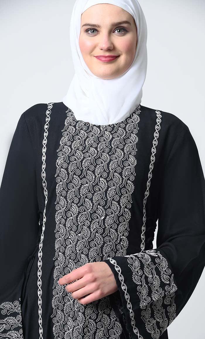 Rayon Embroidered Abaya Dress – Bell Sleeves, Adjustable Waist Strings