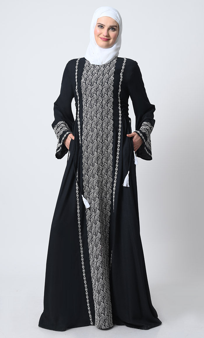 Rayon Embroidered Abaya Dress – Bell Sleeves, Adjustable Waist Strings