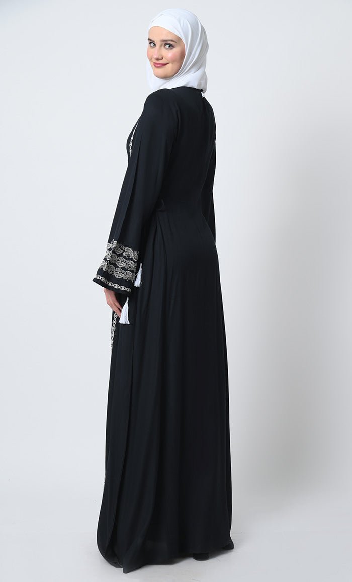 Rayon Embroidered Abaya Dress – Bell Sleeves, Adjustable Waist Strings