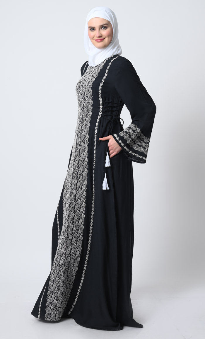 Rayon Embroidered Abaya Dress – Bell Sleeves, Adjustable Waist Strings